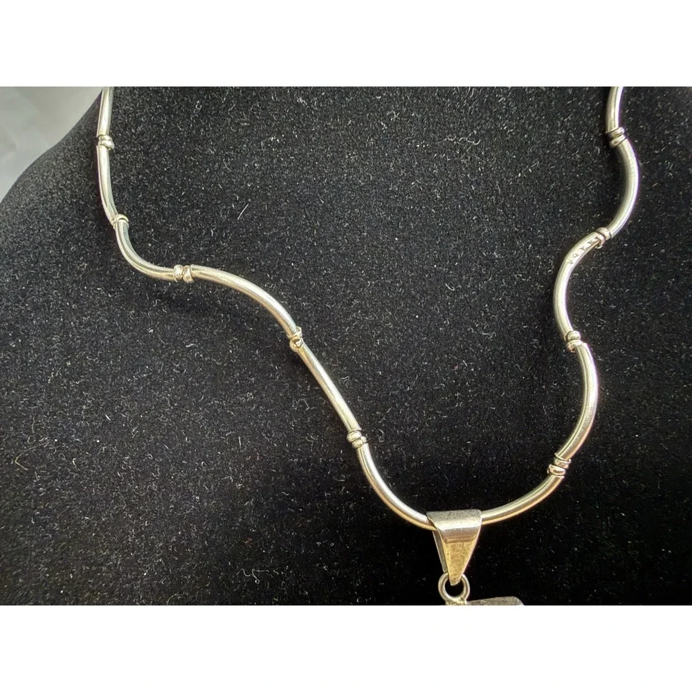 Sterling Silver Wavy Bar Chain Necklace With Square 925 Pendant Stunning Unique